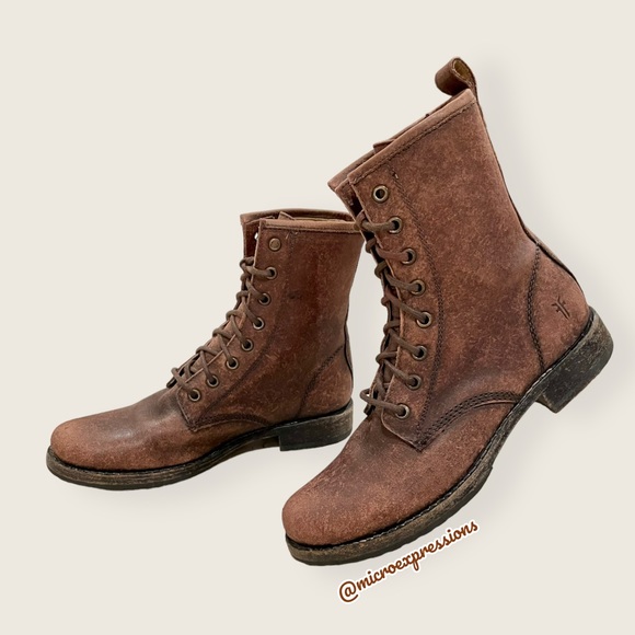 $378 Frye Veronica Combat Distress Brown Leather Lace Up Moto Combat Ankle Boot - Picture 12 of 16